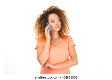 Woman Isolated Talking On Phone Over White Background