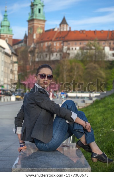 Woman Jacket Jeans Siting On Bench Stock Photo Edit Now 1379308673