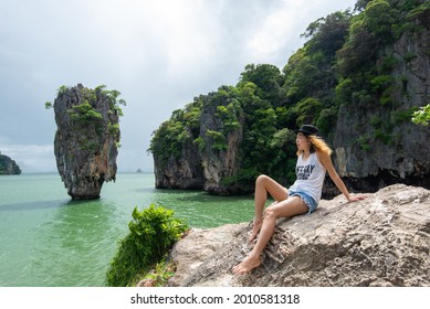 Woman And James Bond Island In Phang Nga Bay Of Thailand