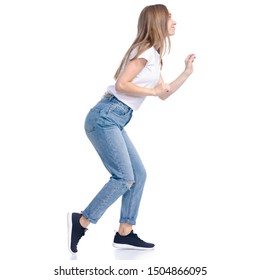 Woman In Jeans Casual Clothing Walking Goes Sneaks Sneak Up Smiling On White Background Isolation