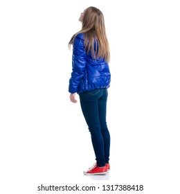 Woman In Jeans And Jacket Looking On White Background. Isolation, Back View