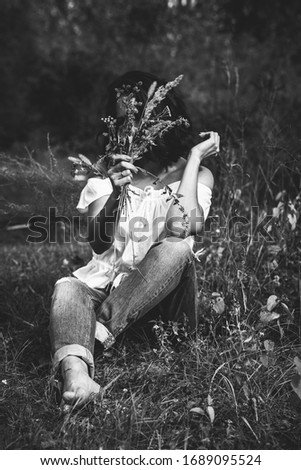 Similar – Image, Stock Photo Woman opening arms while enjoys nature in a tree forest.