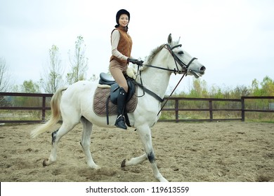 Woman Jockey Is Riding The Horse Outdoor