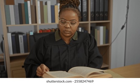 Woman judge reading book in office showing young african american adult person in indoor workplace setting - Powered by Shutterstock