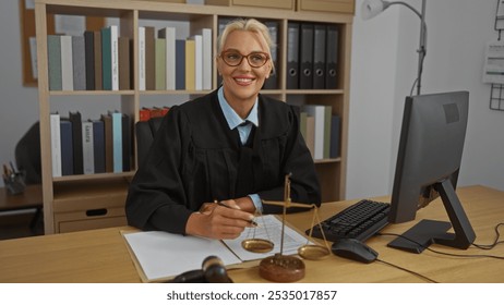 Woman judge smiling at her desk in an office wearing glasses and a black robe with legal books behind her - Powered by Shutterstock