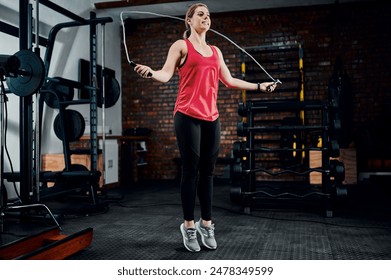 Woman, jump rope and training in gym with workout for muscle development with exercise, smile and wellness. Person, balance and challenge with cardio for transformation, change and fitness at club - Powered by Shutterstock