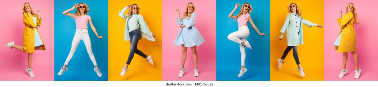 Woman Jumping And Having Fun Against Colorful Backgrounds, Panorama Collage - Shutterstock ID 1481765822