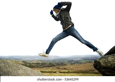 Woman Jumping Outdoors Isolated Against White