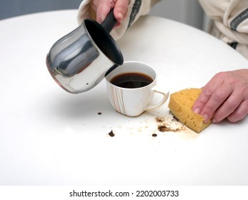 Woman And Just Spilled Coffee On The Table, Indoor Close Up