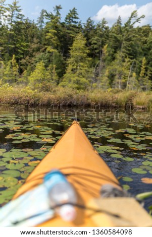 Woman kayaking in the Adirondacks wilderness on a quiet lake during the summer with a personal flotation device