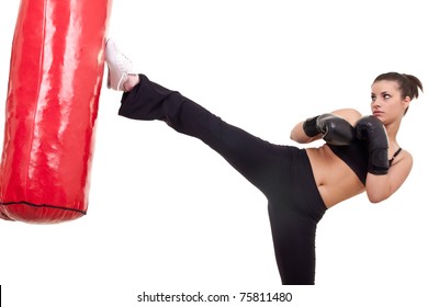 Woman Kick Boxer With Red Punching Bag- Isolated On White