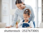 Woman, kid and happy in home for education, support and helping with homework. Mother, girl and encourage in living room for learning, creative and development with positive reinforcement for growth