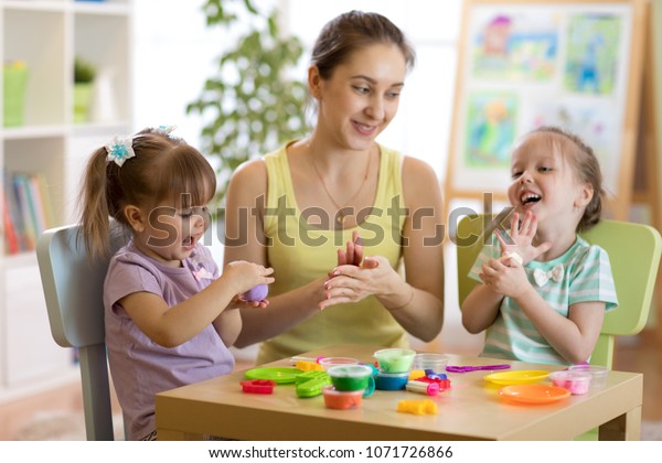 Woman Kids Play Clay Toys Day Stock Image Download Now