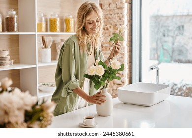 Woman in kitchen arranging colorful flowers in a vase at home.