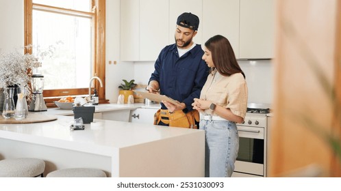 Woman, kitchen and plumber with contract on clipboard for maintenance service, information and repairs. House, discussion and man with notes in checklist for renovation, inspection or client feedback - Powered by Shutterstock