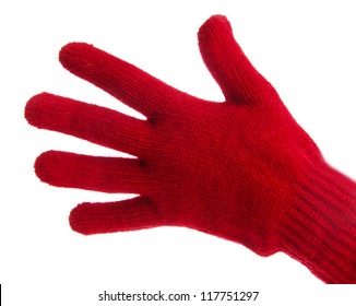 Woman Knitted Glove On Hands, Isolated On White