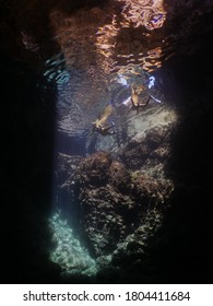 Woman Lady Free Diving Apnea Underwater In A Cave Cave