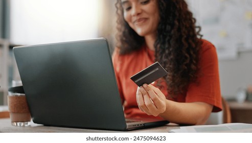 Woman, laptop and banking card for creative business, fintech and online transaction with entrepreneur for internet investment. Credit, payment and purchase for agency inventory, shopping and office - Powered by Shutterstock