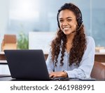 Woman, laptop and call center agent with smile for customer service, crm and help or support. Sales representative, tech and telemarketing with portrait for communication, networking and negotiation