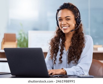 Woman, laptop and call center agent with smile for customer service, crm and help or support. Sales representative, tech and telemarketing with portrait for communication, networking and negotiation - Powered by Shutterstock