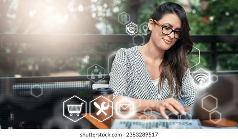 Woman, laptop and digital transformation in analytics, networking or technology software icons outdoors. Female freelancer in futuristic big data, innovation or cloud computing for strategic analysis - Powered by Shutterstock