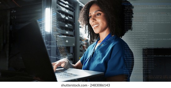 Woman, laptop and engineer working in server room, firmwear update and programmer for cyber security. Developer, confident and IT support or upgrade network for gdpr, database and data centre overlay - Powered by Shutterstock