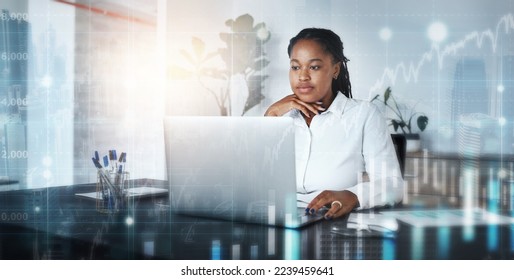 Woman, laptop or futuristic finance chart in investment management, stock market trading or insurance innovation. Thinking financial worker, 3d growth abstract or technology analytics of company goal - Powered by Shutterstock