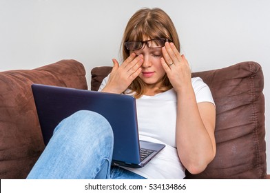 Woman With Laptop Having Tired And Sore Eyes - Eyes Pain