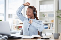 Woman, Laptop And Headphones For Dancing In Office, Smile And Happy With Audio Streaming Subscription. Dancer Girl, Employee And Black Person With Computer, Listening And Music On Web In Workplace