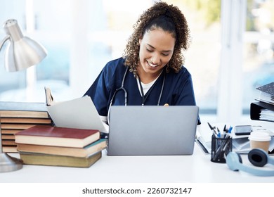 Woman, laptop or medical student books for research, education studying or college learning in university hospital. Smile, happy or healthcare nurse with technology in scholarship medicine internship - Powered by Shutterstock