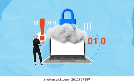 Woman with laptop near cloud-covered notebook, padlock and binary code symbols on blue background. Concept of cloud data protection