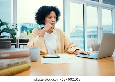 Woman with laptop, thinking and research in home office with documents, internet and freelance project. Remote work, ideas and girl with computer, paperwork and writing online article for website.