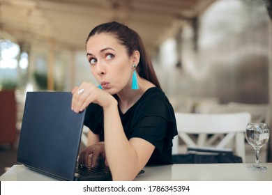 Woman with Laptop Worried About Online Privacy of Personal Data. Girl trying to keep her internet data confidential typing password in secret
