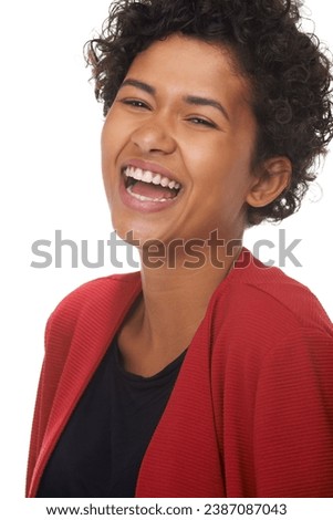 Woman, laughing and humor in portrait, studio and funny joke or comedy, fun and white background. Female person, silly and happy or goofy, comic and positive mindset or excited, smile and mockup
