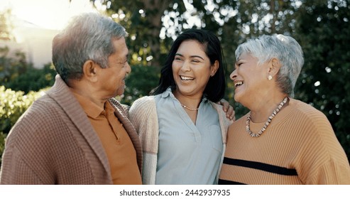 Woman, laughing or senior parents hug for bonding, support or love in backyard of a family house. Old man, funny or mature mom with a happy daughter in outdoor porch together on holiday vacation - Powered by Shutterstock