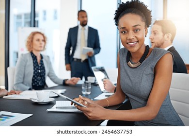 Woman, lawyer and tablet in portrait at meeting for negotiation, smile and legal career. Attorney, advocate and person with digital touchscreen, case and happy in office at corporate law firm - Powered by Shutterstock