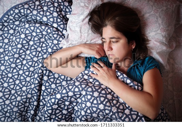 Woman Laying Bed Worried Sad Expression Stock Photo Edit Now