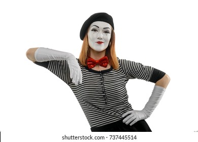 Woman Leaning On Invisible Box. Female Mime Actress Showing Some Spectacular Tricks During A Pantomime Show. Waist Up Portrait, Isolated On White.