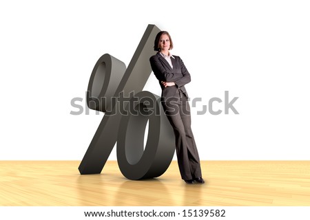 Woman leaning at a percent symbol one wood floor
