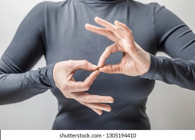 Woman Learns Sign Language To Talk. Hand Gestures Of People With Hearing Impairment.