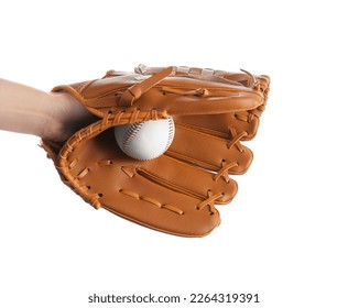 Woman with leather baseball glove and ball on white background