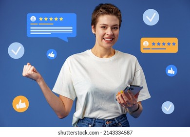 Woman Leaving Review Online Via Smartphone Five Star Rating, Blue Background