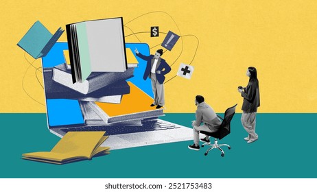 Woman, lecturer interacting with books inside laptop, while man and woman listening to her. Digital presentations and modern teaching. Contemporary art collage. Business and education, skills concept - Powered by Shutterstock