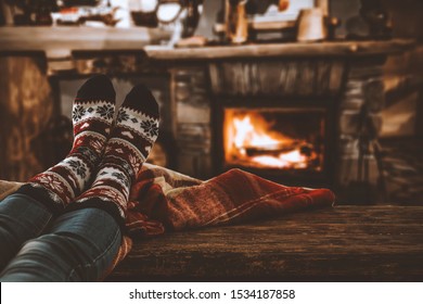 Feet Woollen Socks By Christmas Fireplace Stock Photo 763093549 ...