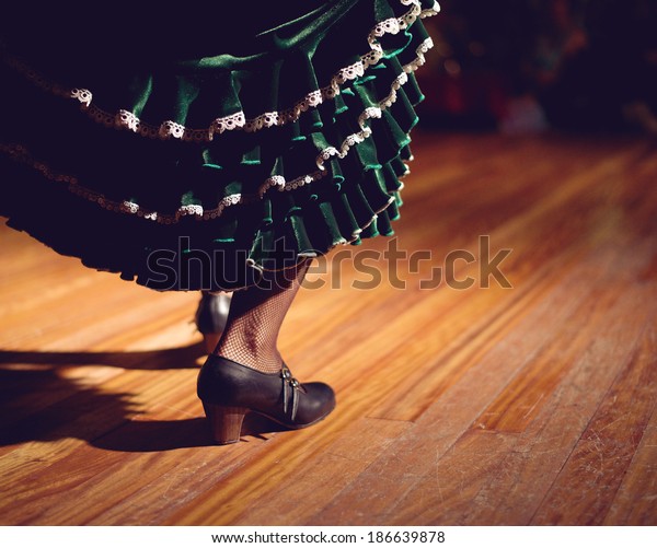 Woman legs in flamenco\
skirt and shoes