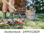 Woman legs in rubber boots and rake in a garden. Woman raking leaves on a sunny autumn day. Autumn gardening