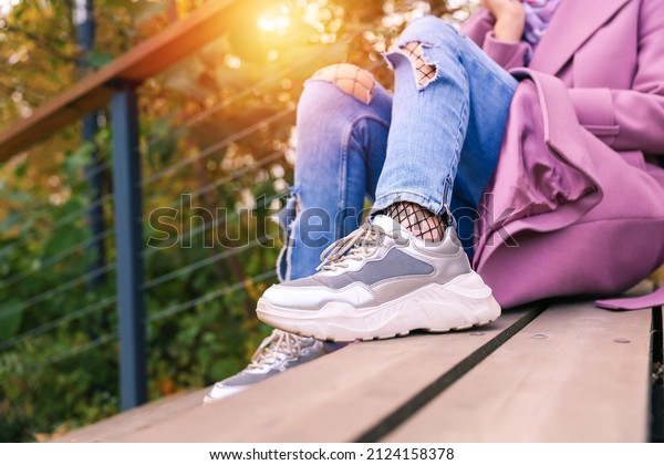 Woman Legs Wearing Ripped Jeans Fishnet Stock Photo 2124158378 ...