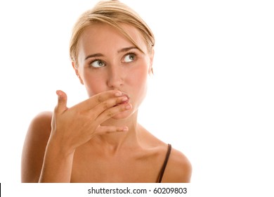 Woman Licking Fingers Isolated On White Background