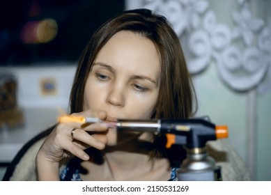 Woman Lights Cigarette Burner Hard Shadows Stock Photo 2150531269 ...