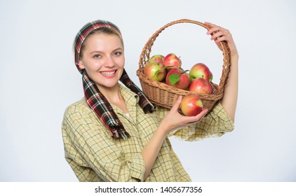 Woman Likes Natural Fruits. Farmer Gardener Apple Harvest. Girl Gardener Rustic Style Hold Apple White Background. Health Care And Vitamin Nutrition. Grocery Store. Perfect Apple. Start Apple Diet.